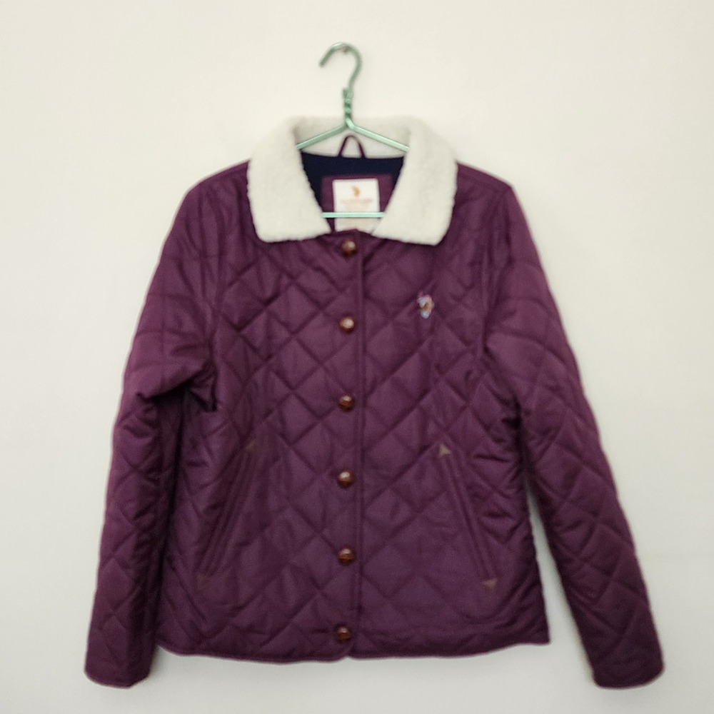 US Polo Assn Womens XL Quilted Jacket Purple Faux Shearling Collar Button Front